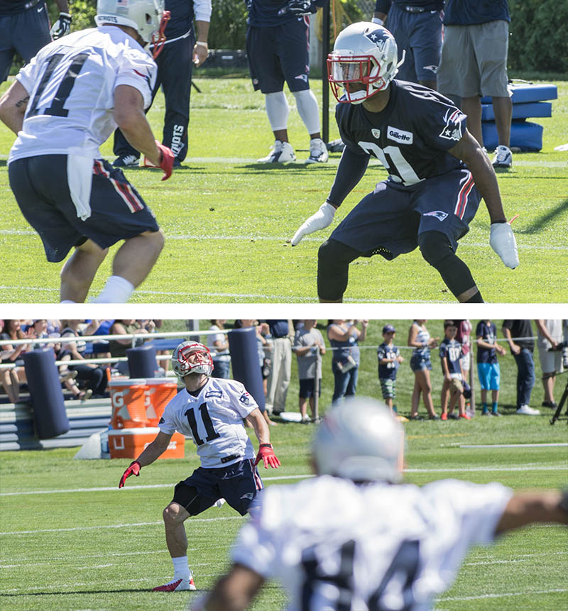 Julian Edelman fielding a punt and Malcolm Butler covering Edelman at Patriots training camp 2015.