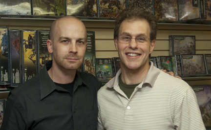 Scott Sigler with Elliot Gould after reading ANCESTOR in Cambridge, MA.