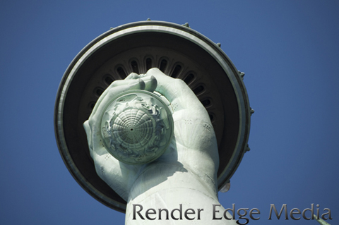 Close up of the hand with torch of the Statue of Liberty from underneath.